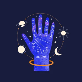 AstroChat logo: a hand marked with zodiac glyphs, ringed by planets