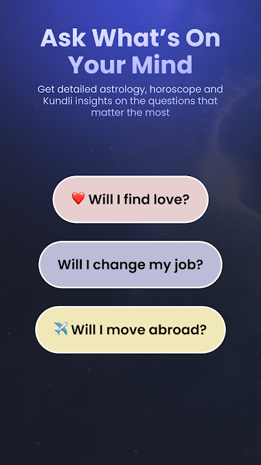AstroChat screenshot — suggested questions about love, job change and moving abroad